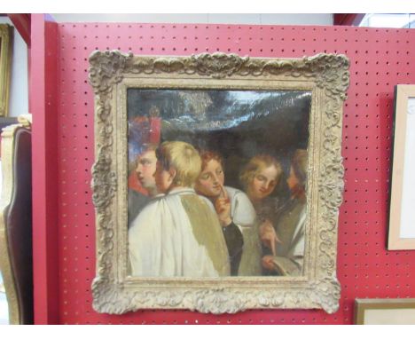 A 19th Century gesso framed oil on canvas portrait group of choir boys, a/f, unsigned, 31cm x 30cm
