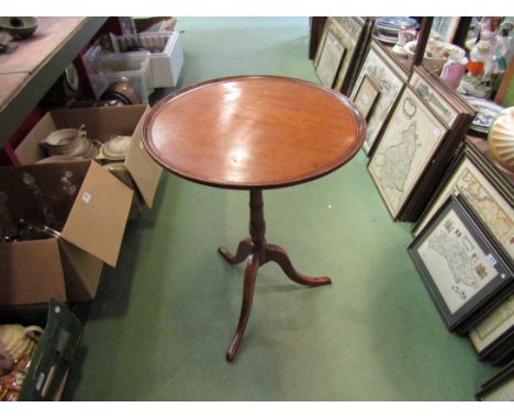 A George III fruitwood wine table the dished circular tilt top on a ring turned column and tripod base, 75cm tall x 52cm diam