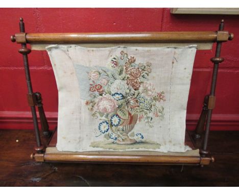 A circa 1840 mahogany tapestry needlepoint work stand with lidded thread box base, 50cm x 65cm x 13cm  