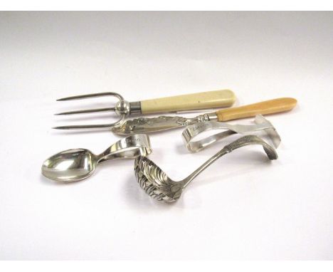 Assorted silver items including baby set, a serving fork and fish knife (5)