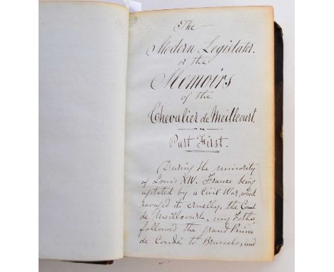 MANUSCRIPT. Marquis d'Argens (Jean Baptiste Boyer, 1704-71, free thinker) The Modern Legislator, or the Memoirs of the Cheval