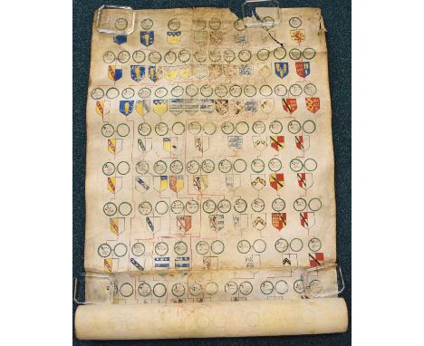 MANUSCRIPT PEDIGREE OF THE OLDFIELD FAMILY. Late 17th or early 18th century. Three joined parchment sheets, overall 2200 mm b