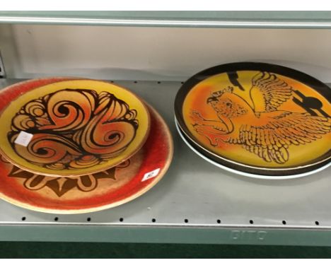 Two Poole Pottery Aegean dishes decorated with Owls, painted by Diane Davis and Jane Williams together with two other Delphis