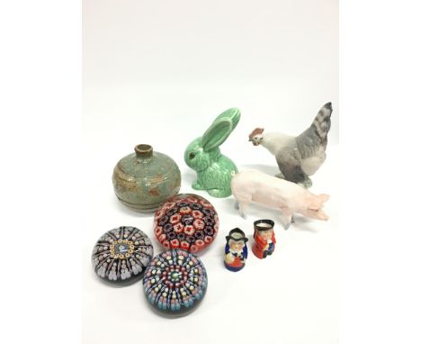 A Royal Copenhagen china model of a Cockerel together with a pair of miniature Royal Worcester Male and Female Toby jugs, gre
