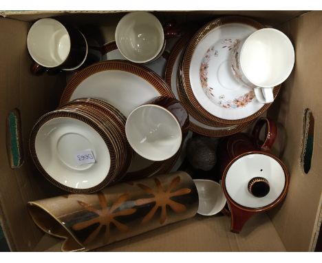 A box containing the residue of a Poole Pottery Branksome dinner service together with a small Barbara Linley Adams stoneware
