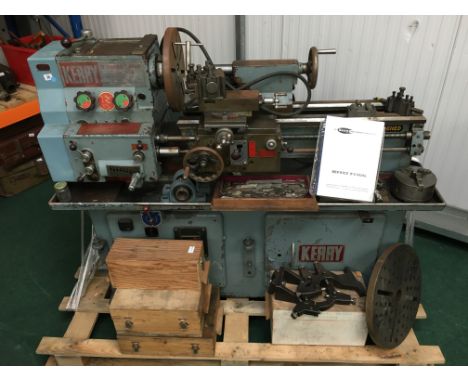 A Kerry 13 inch swing lathe, Type 1324, made in England, 5.5 inch centre lathe with a multi change clutch, mounted on a large