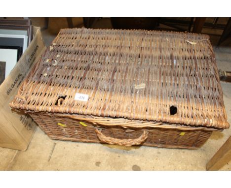 A wicker picnic hamper; and a vintage John Lewis box containing Christmas decorations