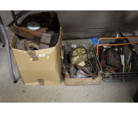 A box, a tray, and a basket of old clock cases, parts, trophy plinths etc.