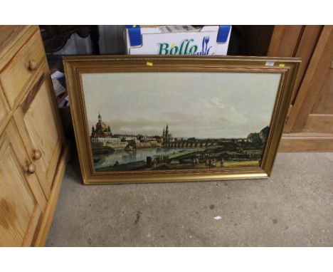 A large gilt framed oleograph study depicting figures by a river 