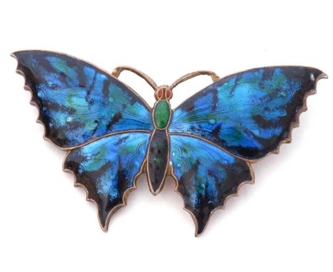 Early 20th century silver and enamel butterfly brooch, the outstretched wings decorated with blue, green guilloche enamels, t