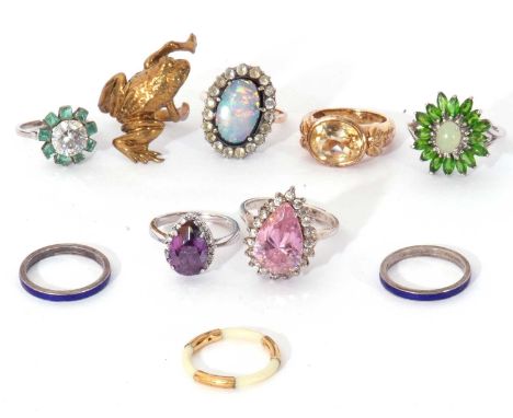 Mixed Lot: three 925 and stone set rings, a gilt metal frog ring, an opal doublet and paste ring, an opal doublet and paste r