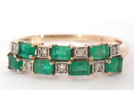 Modern 9ct gold synthetic emerald and small diamond ring, a chequerboard design featuring seven rectangular emeralds and seve