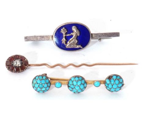 Mixed Lot: an antique gold and diamond garnet set tie pin, a vintage gilt metal turquoise set brooch, (one stone missing), to