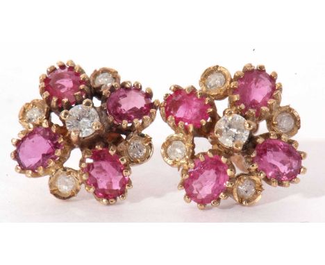 Pair of modern small diamond and ruby cluster earrings, 10mm diam, post fittings