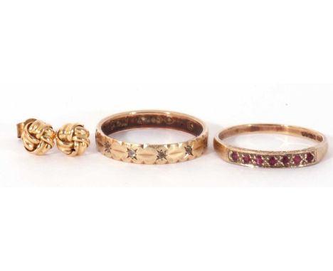 Mixed Lot: vintage 9ct gold and small ruby half hoop ring, a yellow metal and paste set eternity ring, a pair of yellow metal