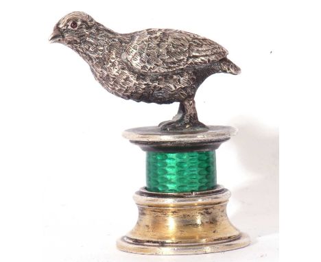 Unusual silver and enamel 'grouse' desk seal, the naturalistic model grouse having chased and engraved detail, highlighted wi