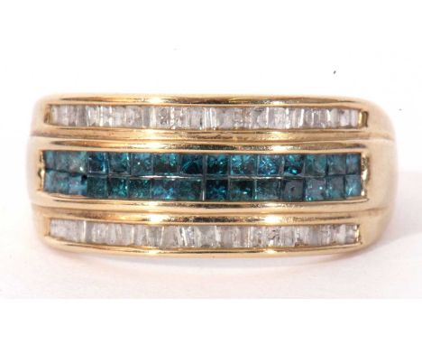 Modern 9ct gold diamond and light blue stone ring, a design with a central pave set blue stone band (30) between rows of smal