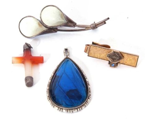 Mixed Lot: Norway Jostrup sterling and enamel brooch, agate small cross pendant, a white metal and butterfly wing pendant tog