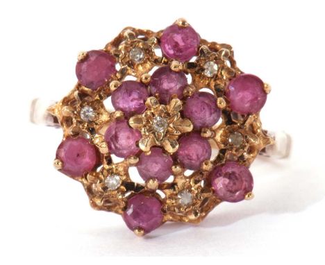 9ct gold ruby and diamond cluster ring, a three tier design set throughout with small rubies and small diamond points, size N