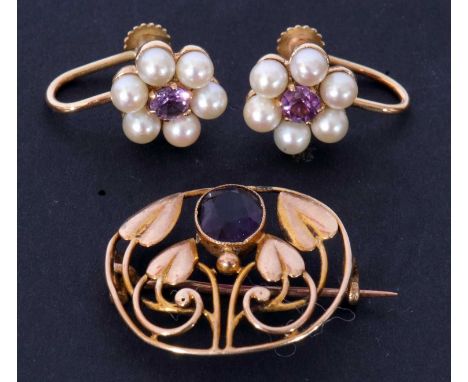 Mixed Lot: Art Nouveau style amethyst open work brooch, the oval faceted amethyst in millegrain edged setting, 8 x 5mm, stamp