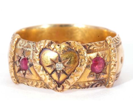 Antique 18ct gold ruby and diamond heart buckle ring centring a small old cut diamond set within an engraved and chased heart