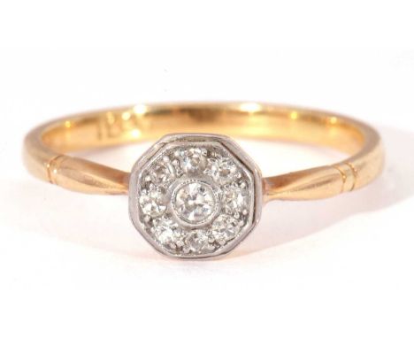 Diamond cluster ring, the octagonal shaped panel set with nine small graduated single cut diamonds, panel size 8mm diam, stam