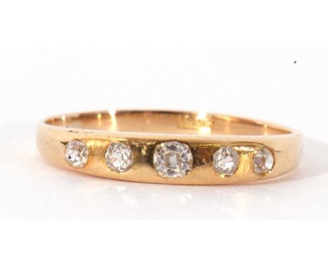 Five stone diamond ring featuring five old cut diamonds in engraved settings, 0.25ct approx, stamped 18ct, size R