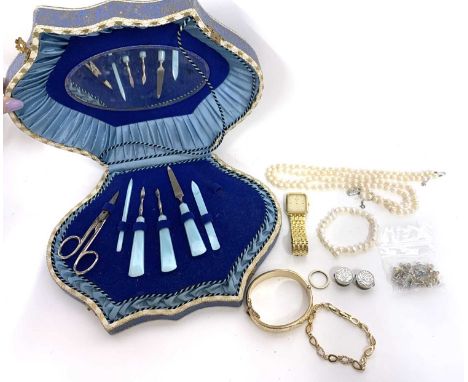 Mixed Lot: cased vintage manicure set (one item missing), a Rotary quartz watch, a small quantity of earrings, post fittings,