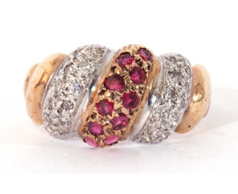 9ct gold ruby and diamond ring, the centre with a band of 10 small rubies between bands of small single cut diamonds, size G