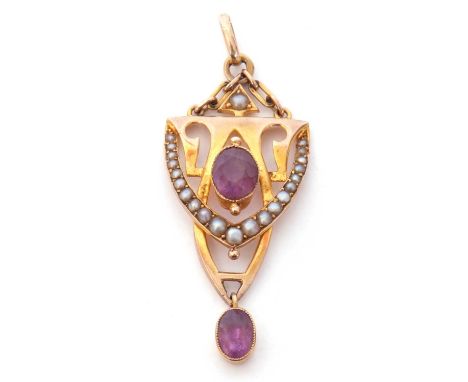 An amethyst and seed pearl open work pendant centring an oval faceted amethyst sitting above a collar of graduated seed pearl