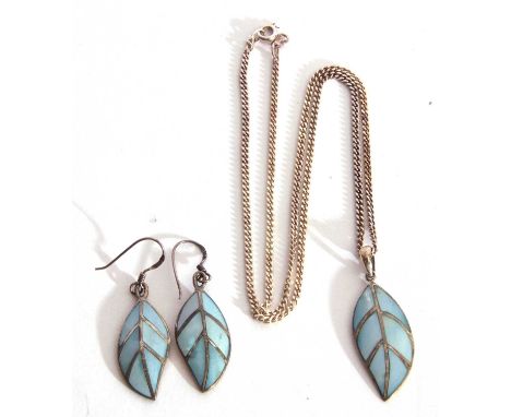 Leaf pendant, having light blue translucent enamel detail on a 925 marked file curb link chain, together with a pair of 925 s