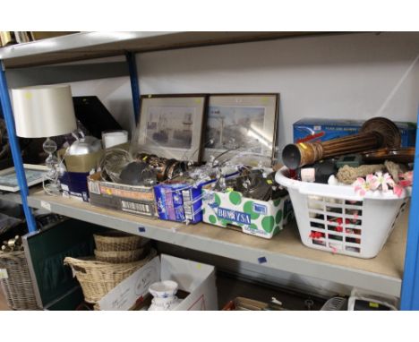 5 boxes of decorative items, to include metalware, glassware, artificial flowers, copper coloured fibre optic lamp, and casse