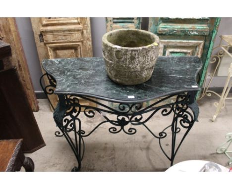 A green painted console table with variegated marble top, and measuring 92cm tall, 126cm wide, and 53cm deep (304)