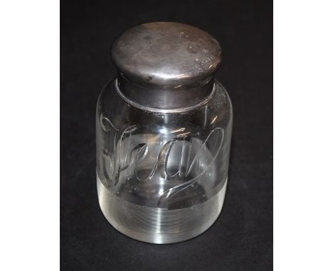An Edward VII silver topped tea caddy, engraved 'Tea', and with hallmarks to the lid