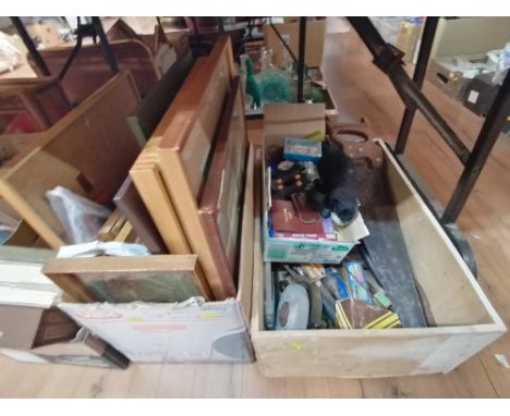 2 boxes of tools, framed pictures, fishing accessories, and other items