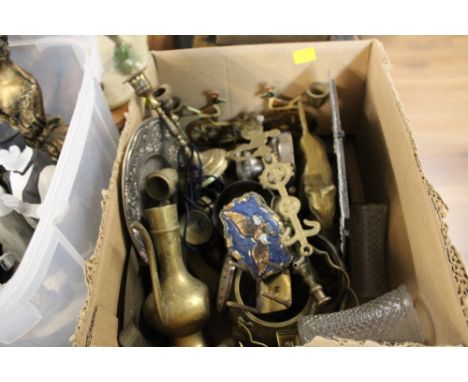 2 boxes of Laurel and Hardy ornaments, a reproduction Pellington mantle clock, miniature Wade barrels, plus brass and other m