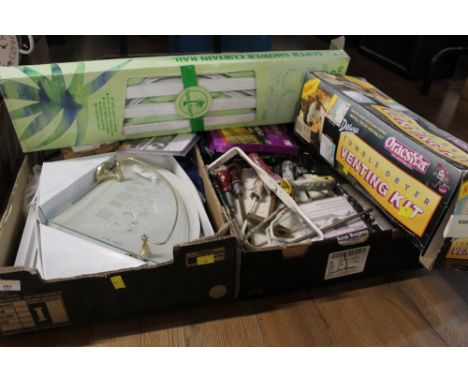 Two boxes of tumble dryer venting kit, shower curtain rail, tools, and other similar items