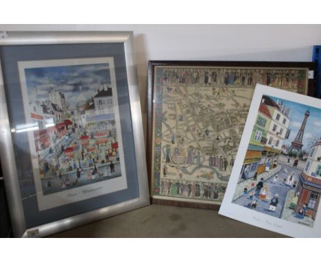 A framed print of Montmartre in Paris together with 2 other prints of a map and the Eiffel Tower