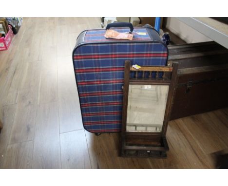 A late 19th century mirrored shelf together with a tartan suitcase 