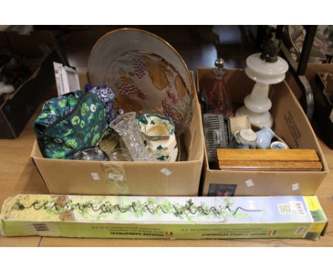 Two boxes of glassware, Mason's, oil lamp, blue and white coffee pot, and a Florabest extendable growing aid