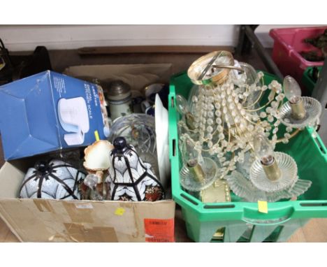 2 boxes of glass light shades, ceiling light fitting, and ceramics to include German lidded stein