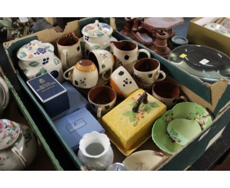 A box of Poole pottery, boxed Wedgwood, Carlton ware, and Royal Winton Bordeaux patterned lidded jars