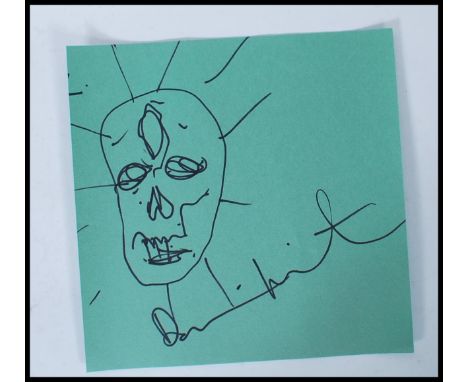 Damien Hirst - English Artist - incredibly rare hand drawn ' Skull ' sketch. Drawn in black marker on green paper, the sketch
