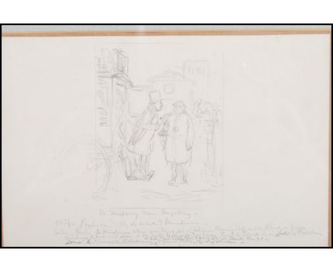 A framed and glazed pencil sketch depicting a sketch from Punch Magazines 1849. the sketch ' The Threepenny Fare Mystery ', o