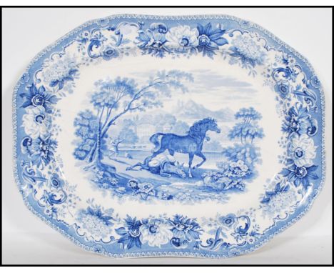 A 19th Century Spode blue and white meat platter from the Aesop's Fables series transfer printed with a narrative scene depic