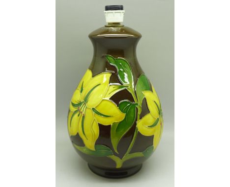 A Moorcroft Bermuda yellow lily table lamp base, 20cm, no wiring 