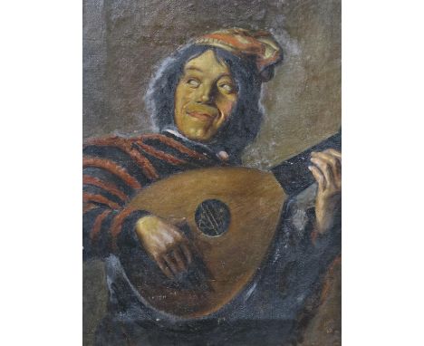 J Sands (20th century): oil on canvas, Spanish lute player, dated '22, overall 36 x 46cm. Not available for in-house P&amp;P