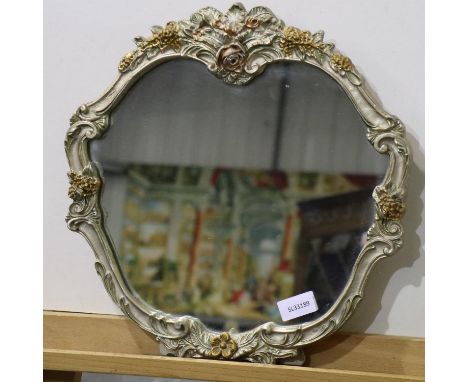 Mid 20th century table mirror with easel stand, carved and painted wood frame, overall 38 x 38cm. Not available for in-house 