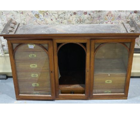 19th century walnut microscope cabinet, fitted with drawers behind three doors, lacking all-but-one slide drawer, 112 x 37 x 
