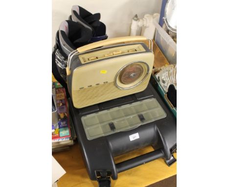 A CASED JCB DRILL TOGETHER WITH SKI BOOTS AND A VINTAGE BUSH RADIO 